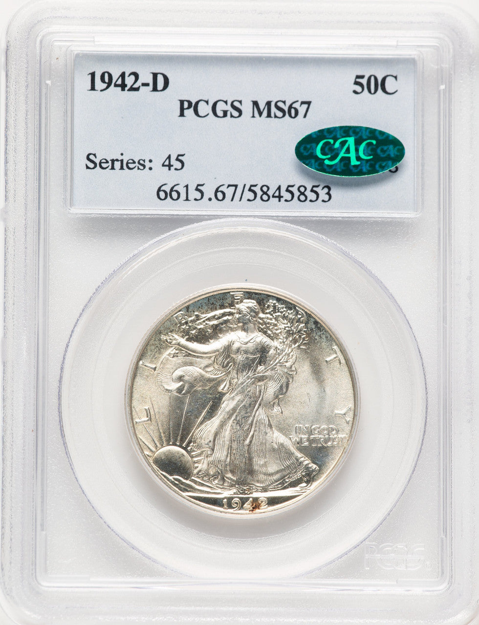 1942-D 50C CAC Walking Liberty Half Dollar PCGS MS67