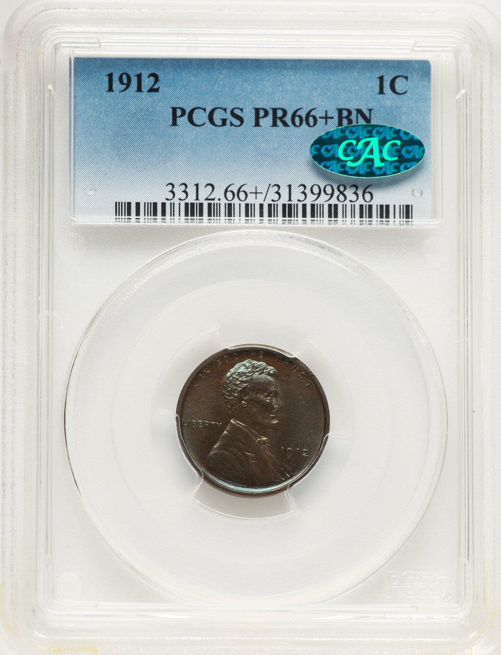 1912 1C BN CAC Proof Lincoln Cent PCGS PR66+