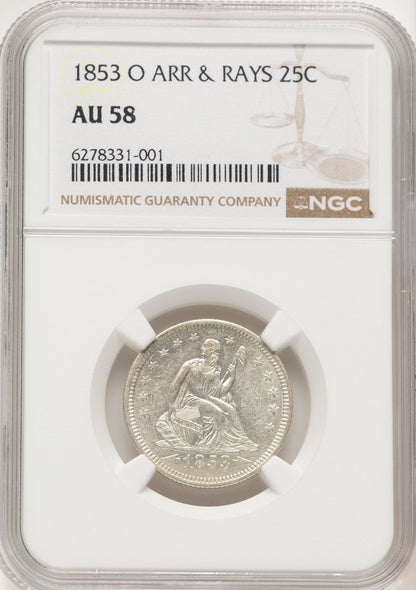 1853-O Arrows and Rays Seated Quarter NGC AU58