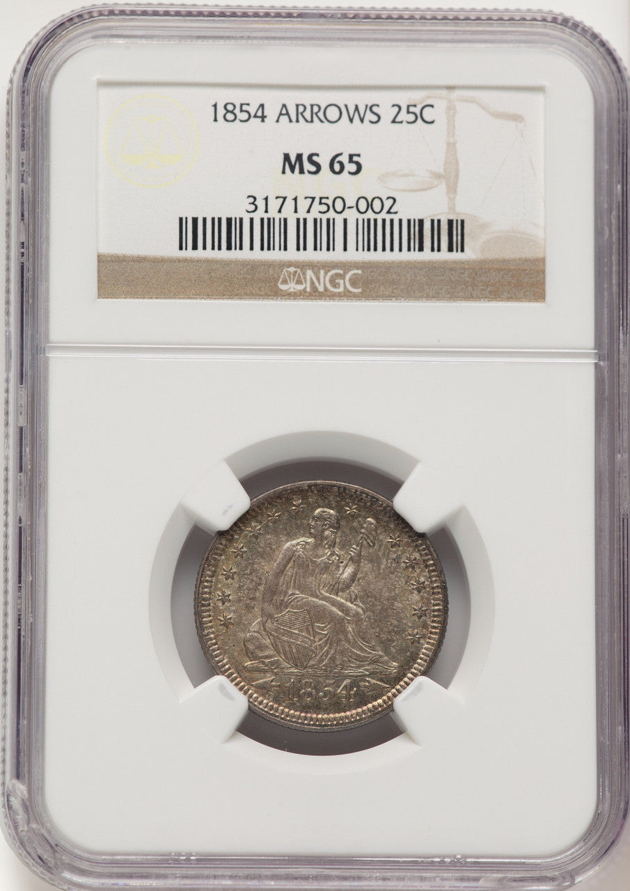 1854 25C ARROWS Seated Quarter NGC MS65