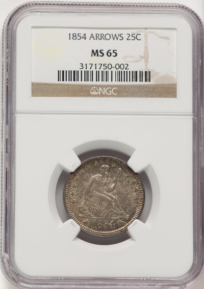 1854 25C ARROWS Seated Quarter NGC MS65