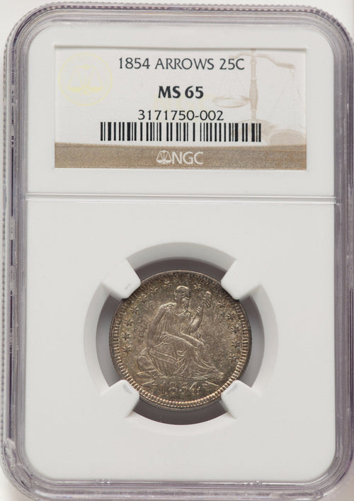 1854 25C ARROWS Seated Quarter NGC MS65