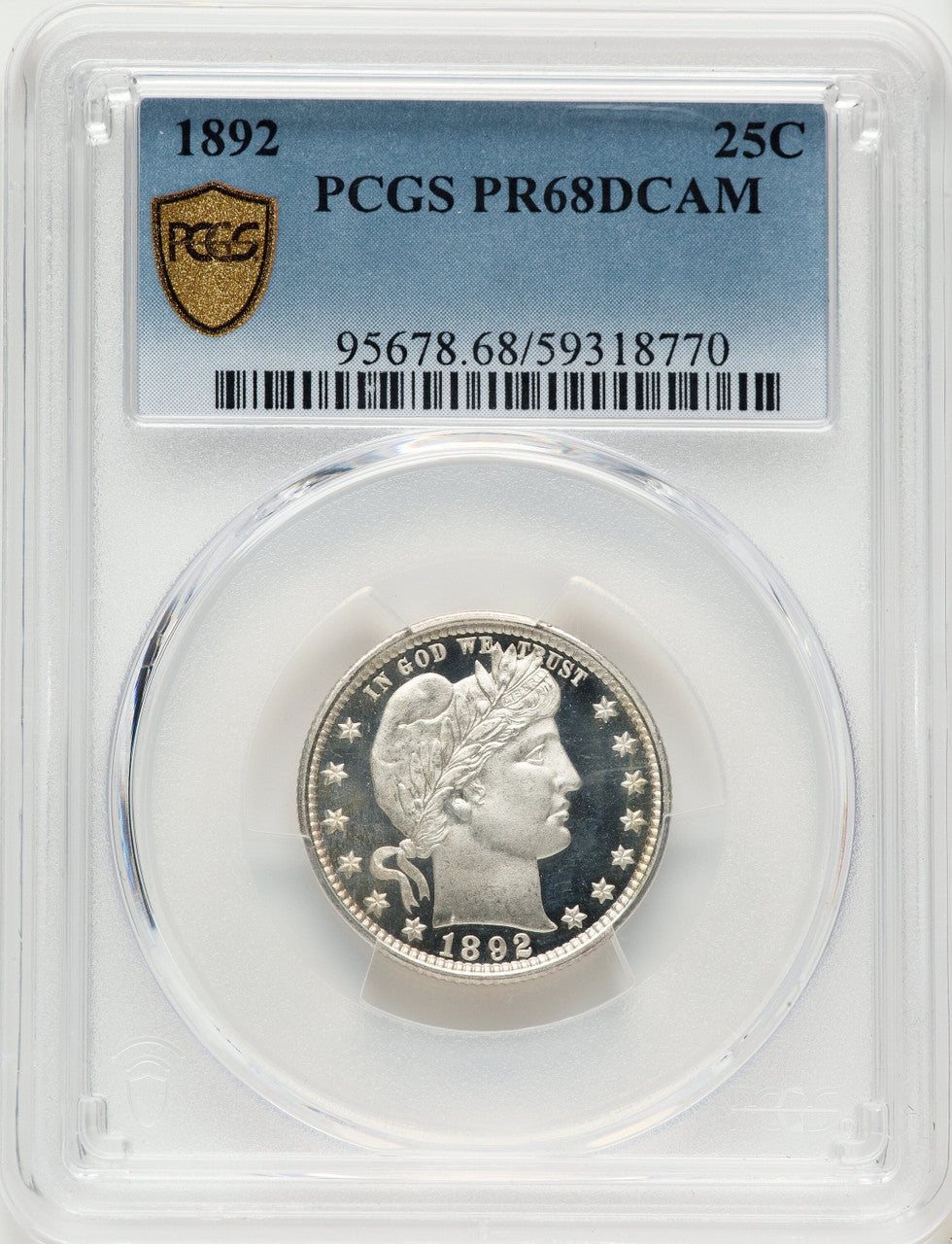 1892 25C Proof Barber Quarter PCGS PR68