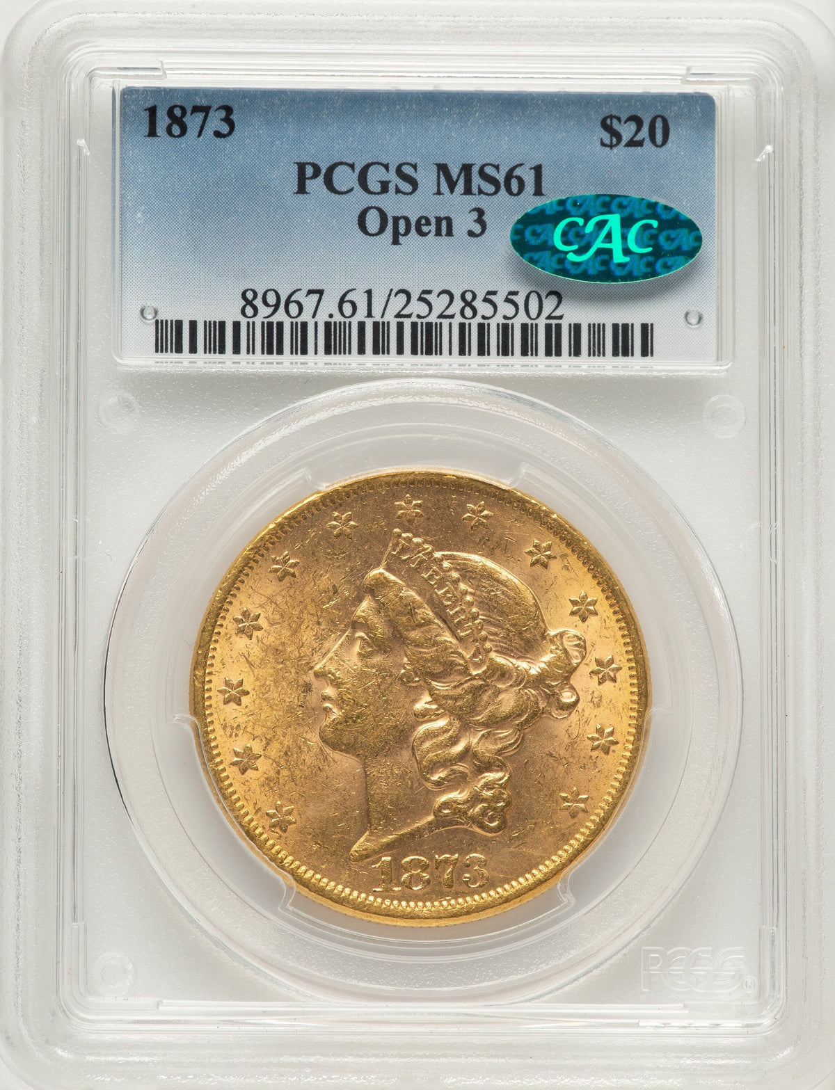 1873 $20 OPEN 3 CAC Liberty Double Eagle PCGS MS61