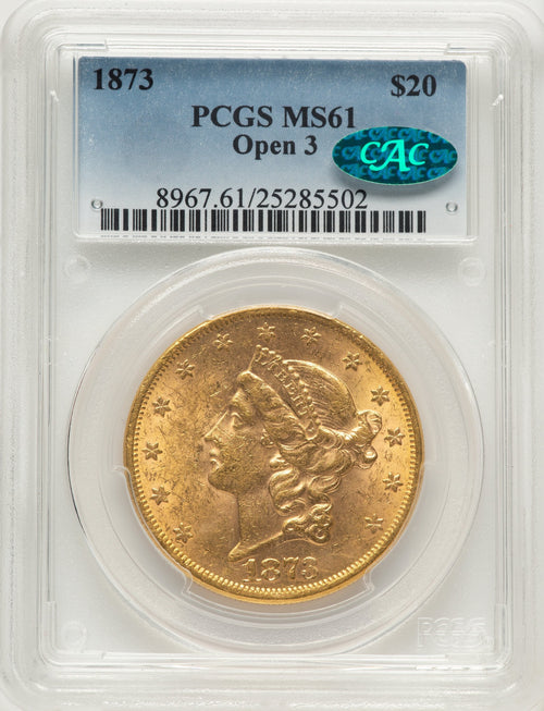 1873 $20 OPEN 3 CAC Liberty Double Eagle PCGS MS61