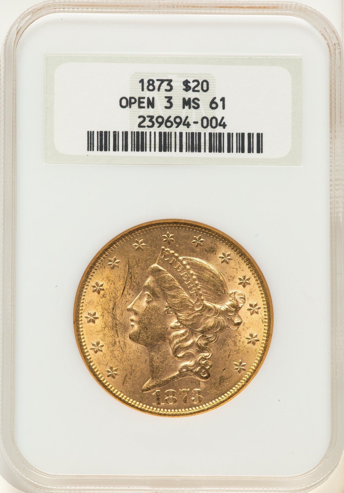 1873 $20 OPEN 3 Liberty Double Eagle NGC MS61