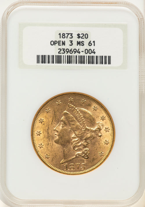 1873 $20 OPEN 3 Liberty Double Eagle NGC MS61