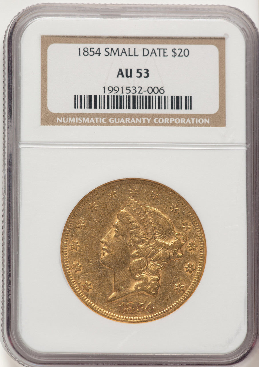 1854 $20 Small Date Liberty Double Eagle NGC AU53