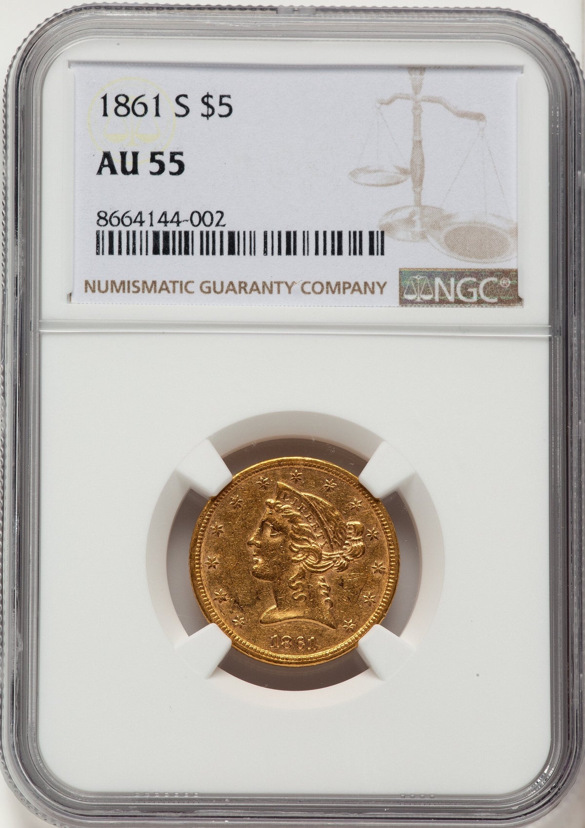 1861-S $5 Liberty Half Eagle NGC AU55
