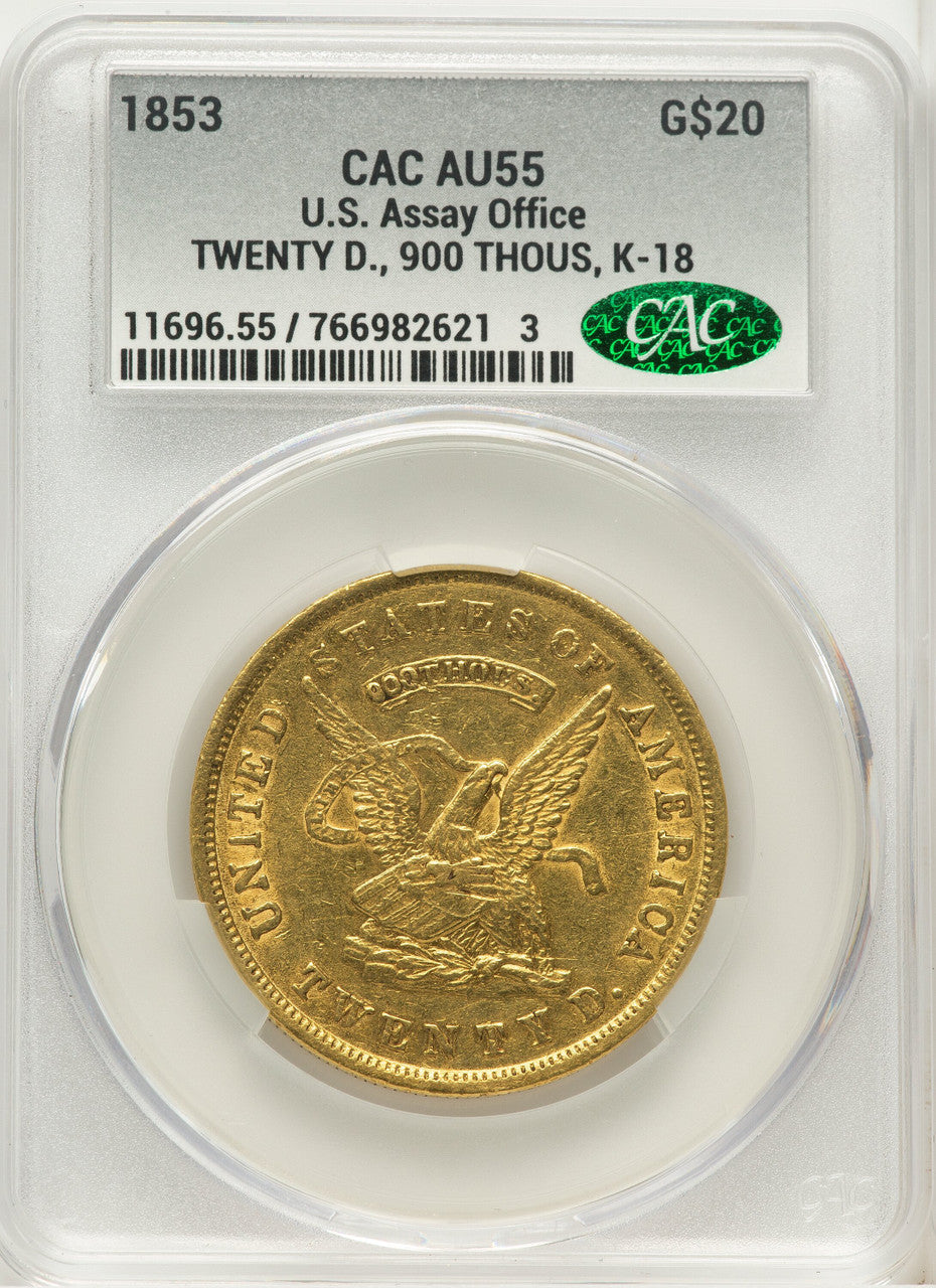1853 $20 Assay Office 900 Thous. Territorial Gold CACG AU55