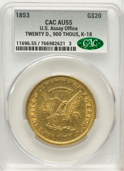 1853 $20 Assay Office 900 Thous. Territorial Gold CACG AU55