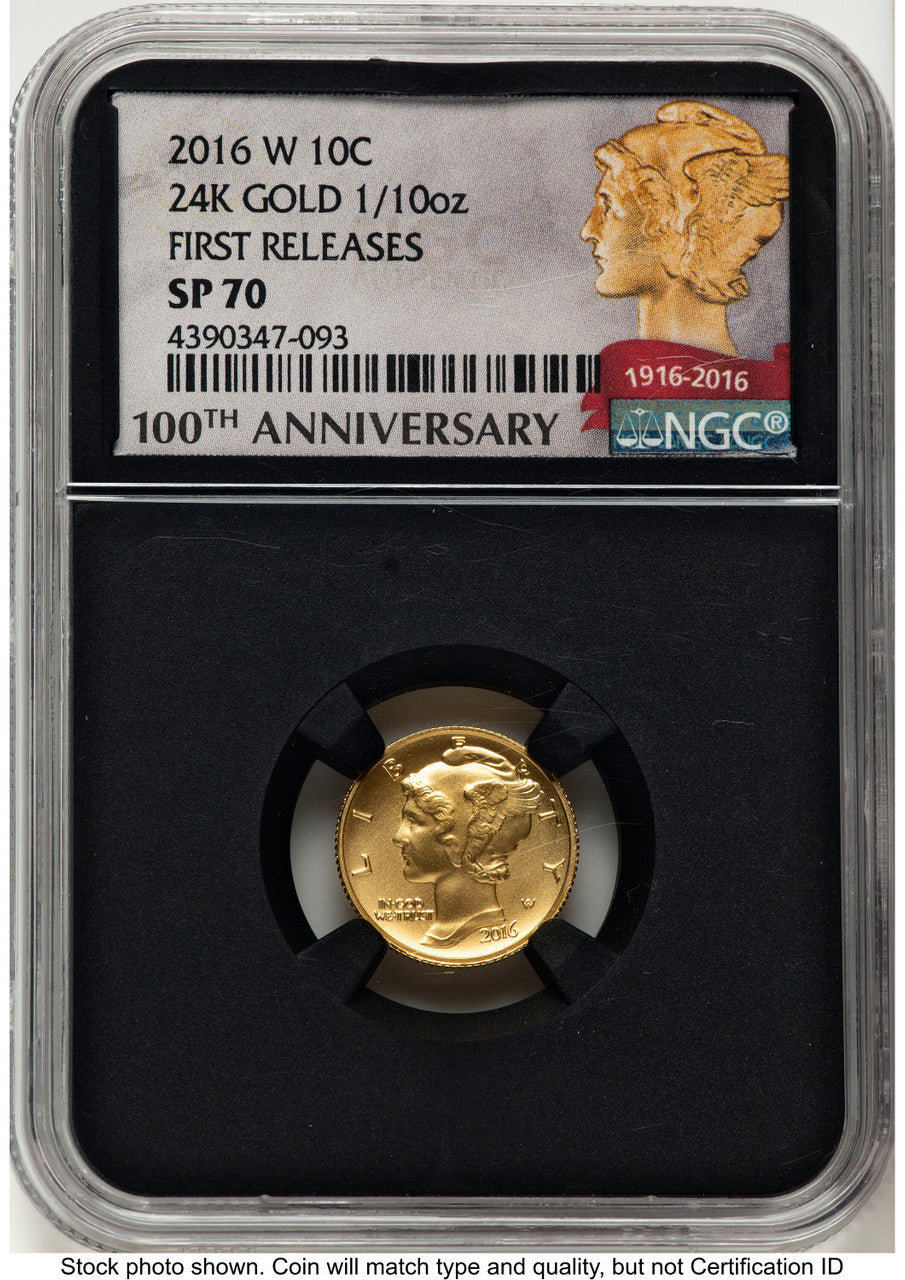 2016-W 10C Mercury Dime 100th Anniversary Gold Centennial FR 100th Anniversary NGC MS70
