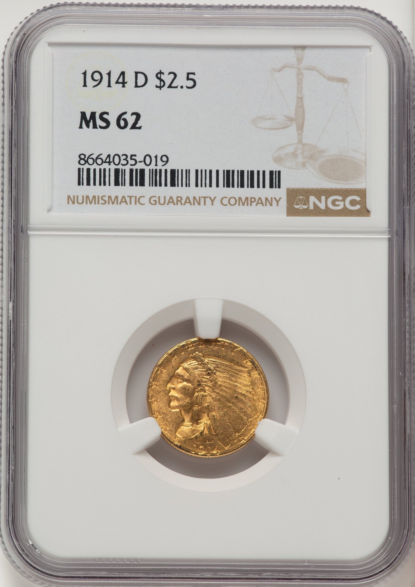 1914-D $2.50 Indian Quarter Eagle NGC MS62