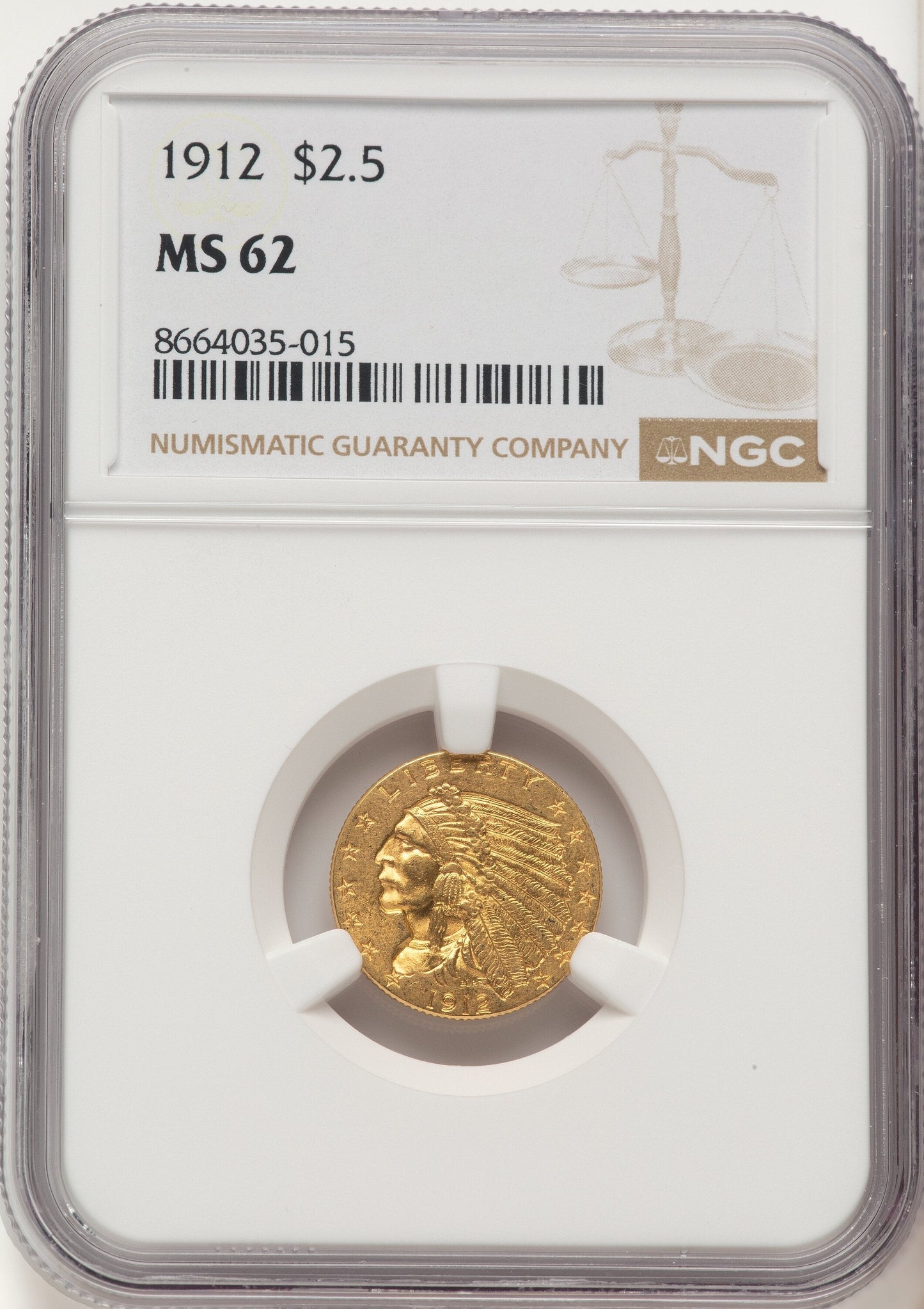 1912 $2.50 Indian Quarter Eagle NGC MS62