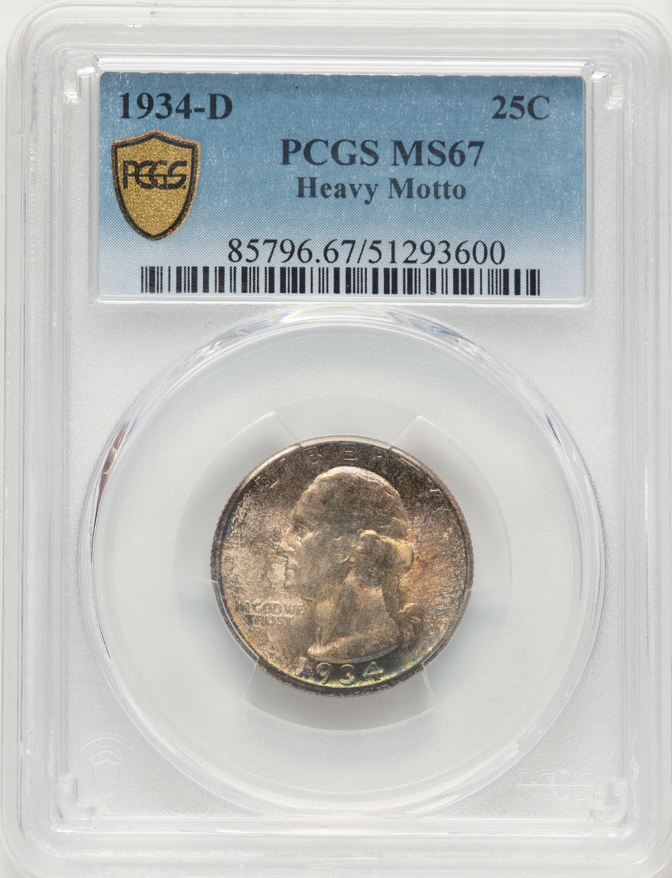 1934-D 25C Heavy Motto Washington Quarter PCGS MS67