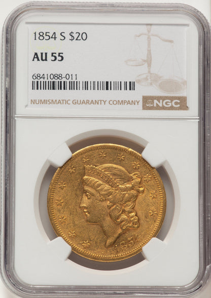 1854-S $20 Liberty Double Eagle NGC AU55