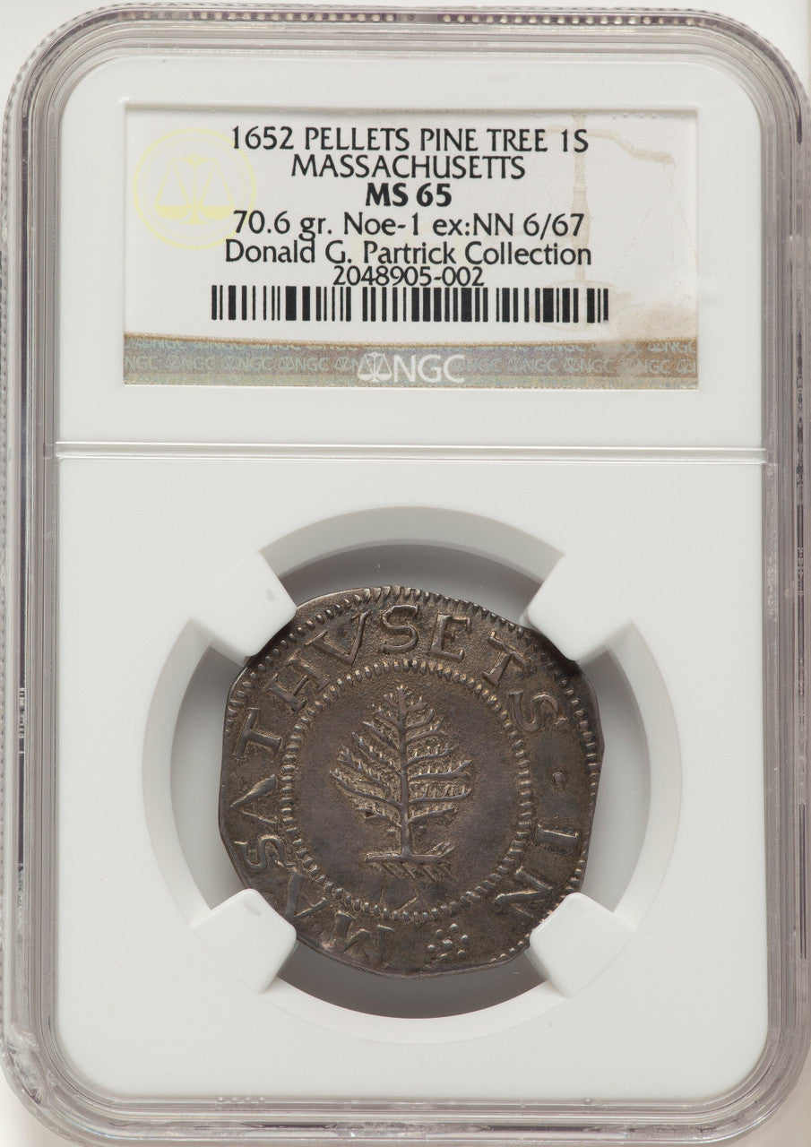 1652 Pine Tree Shilling Large Planchet Pellets Colonials NGC MS65