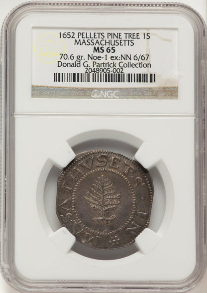 1652 Pine Tree Shilling Large Planchet Pellets Colonials NGC MS65
