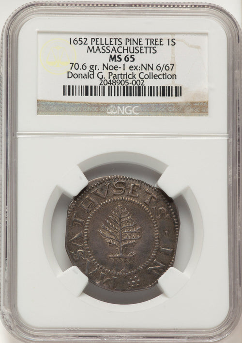 1652 Pine Tree Shilling Large Planchet Pellets Colonials NGC MS65