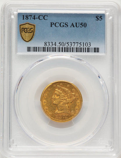 1874-CC $5 Liberty Half Eagle PCGS AU50