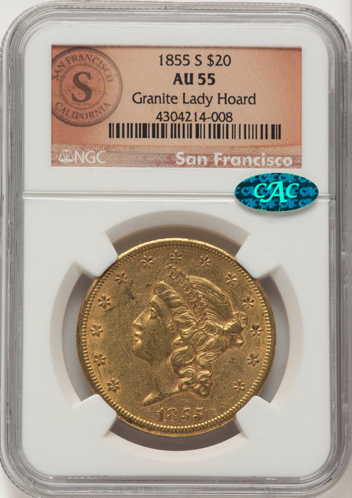1855-S $20 CAC Liberty Double Eagle NGC AU55
