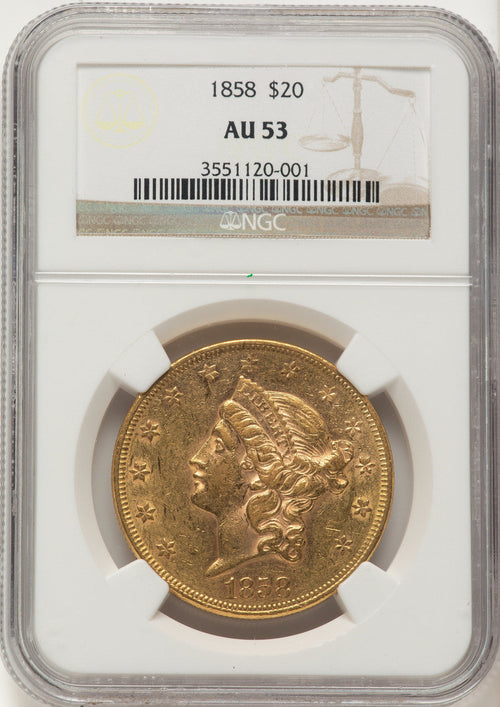 1858 $20 Liberty Double Eagle NGC AU53