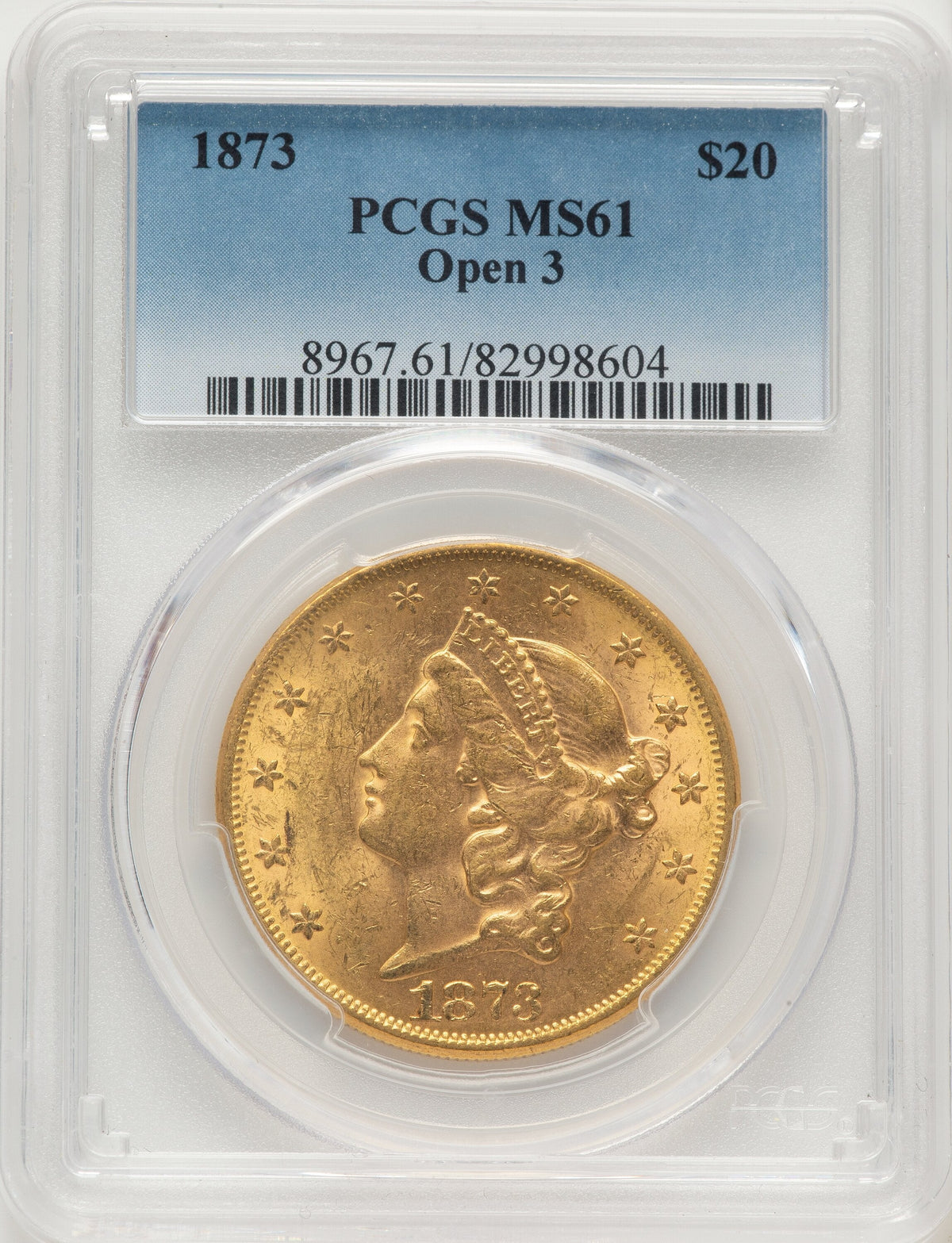 1873 $20 OPEN 3 Blue Gradient Liberty Double Eagle PCGS MS61