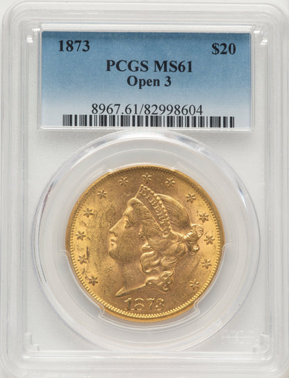 1873 $20 OPEN 3 Blue Gradient Liberty Double Eagle PCGS MS61