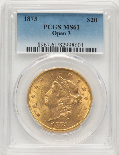 1873 $20 OPEN 3 Blue Gradient Liberty Double Eagle PCGS MS61