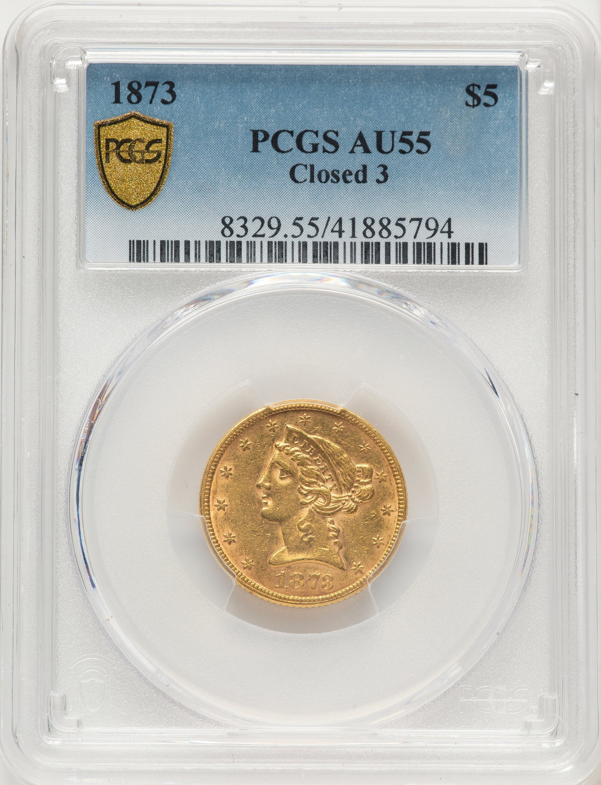 1873 $5 Closed 3 Blue Gradient Liberty Half Eagle PCGS AU55