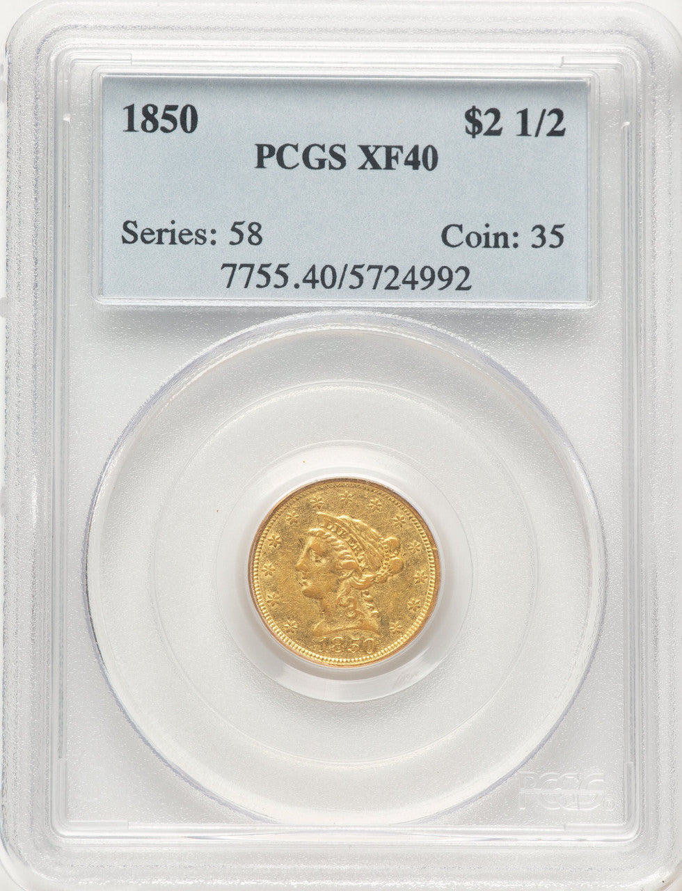 1850 $2.50 Blue Label Liberty Quarter Eagle PCGS XF40
