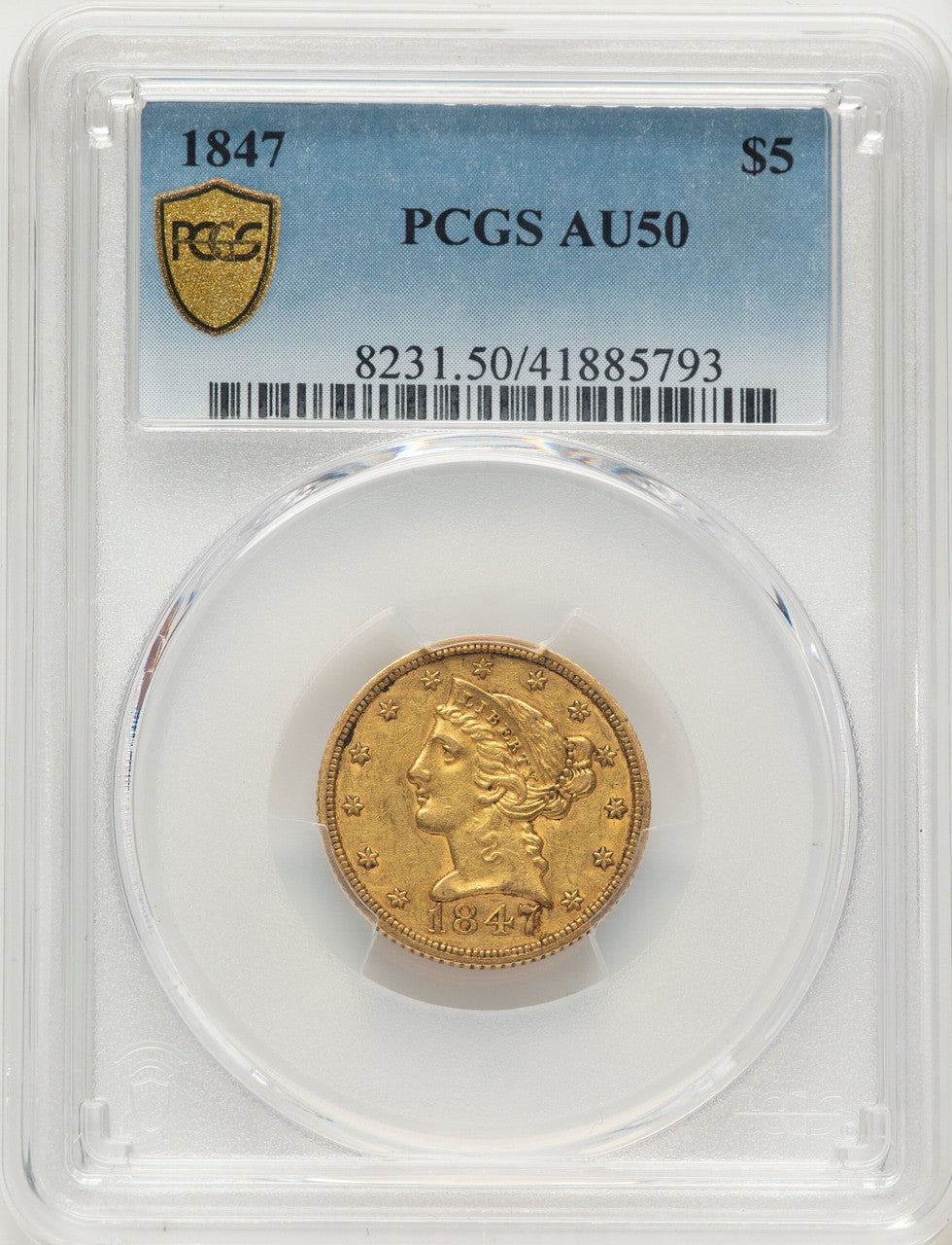 1847 $5 Blue Gradient Liberty Half Eagle PCGS AU50