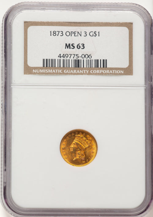 1873 G$1 OPEN 3 Gold Dollar NGC MS63