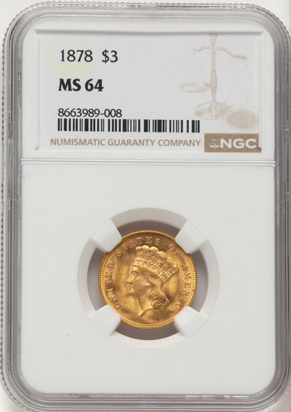 1878 $3 Three Dollar Gold Pieces NGC MS64