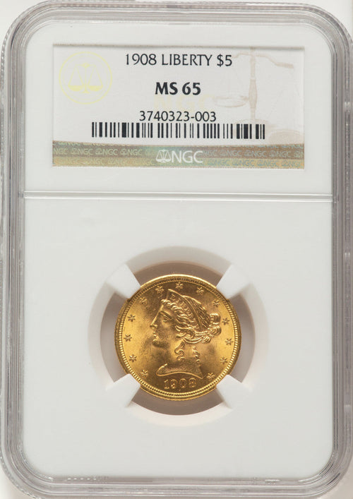 1908 $5 Liberty Liberty Half Eagle NGC MS65