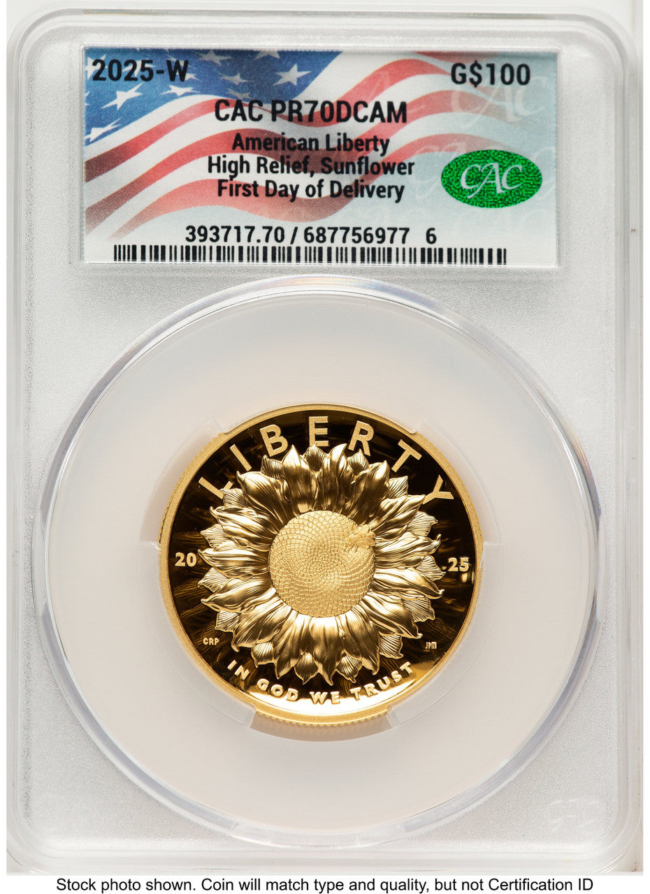 2025-W G$100 American Liberty High Relief First Day of Delivery Flag Label CACG PR70