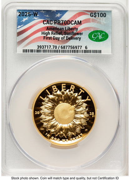 2025-W G$100 American Liberty High Relief First Day of Delivery Flag Label CACG PR70