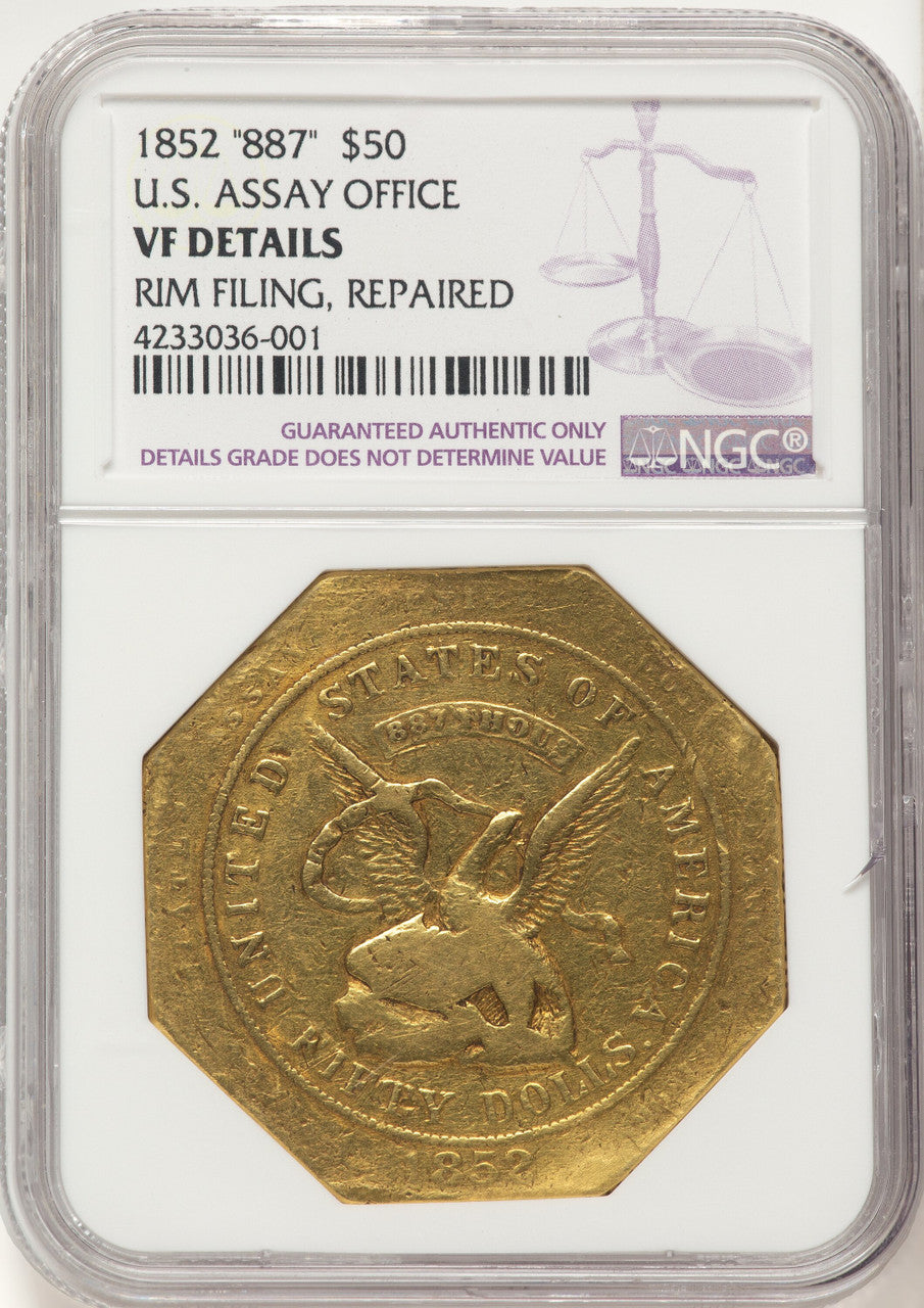 1852 Assay Office Fifty Dollar 887 Thous. Territorial Gold Details NGC VF20