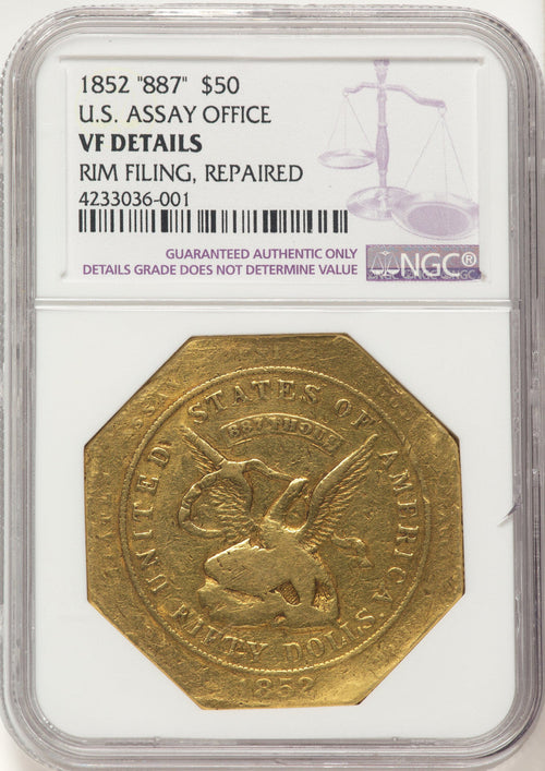 1852 Assay Office Fifty Dollar 887 Thous. Territorial Gold Details NGC VF20