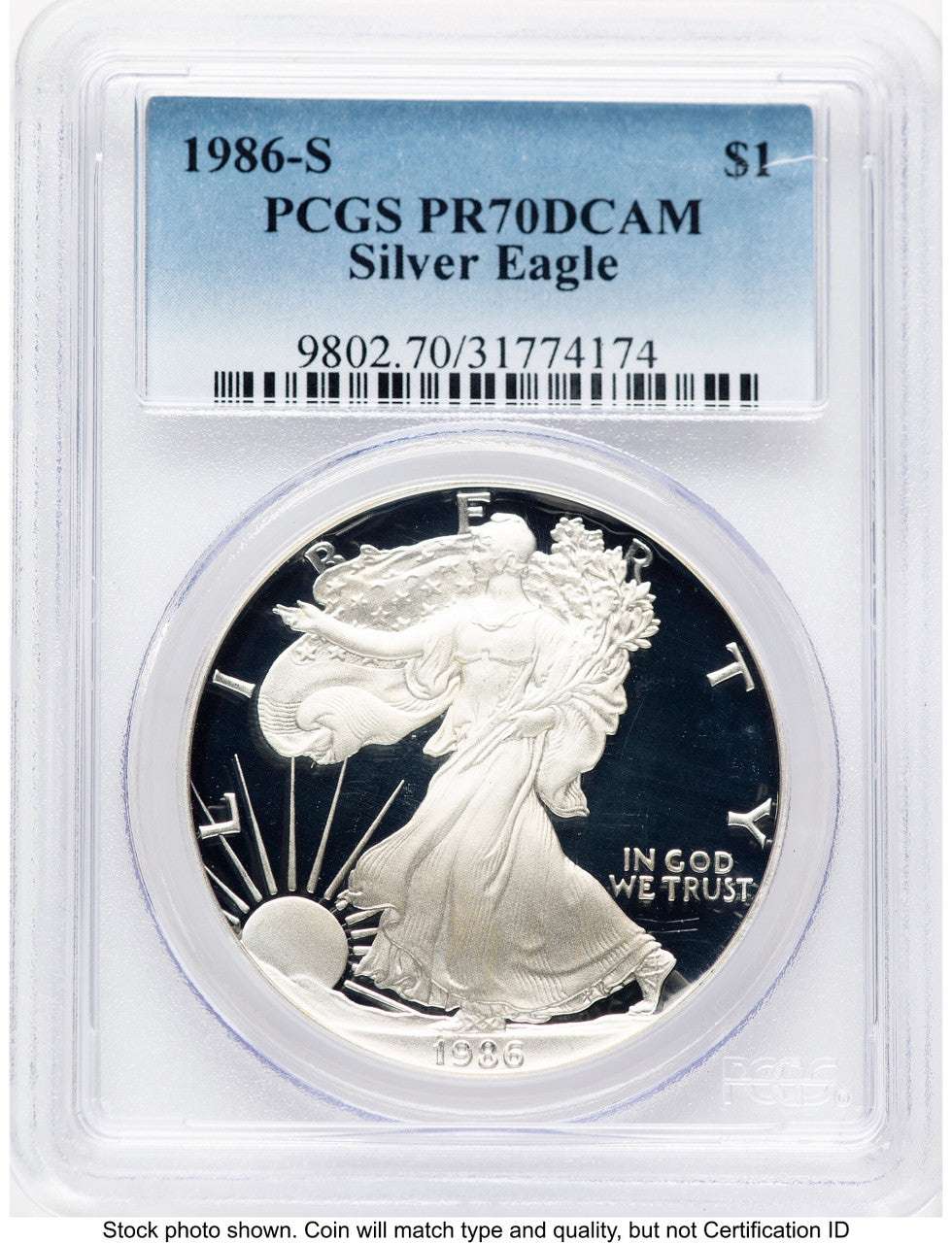 1986-S Proof Silver Eagle 1 oz Blue Gradient PCGS PR70
