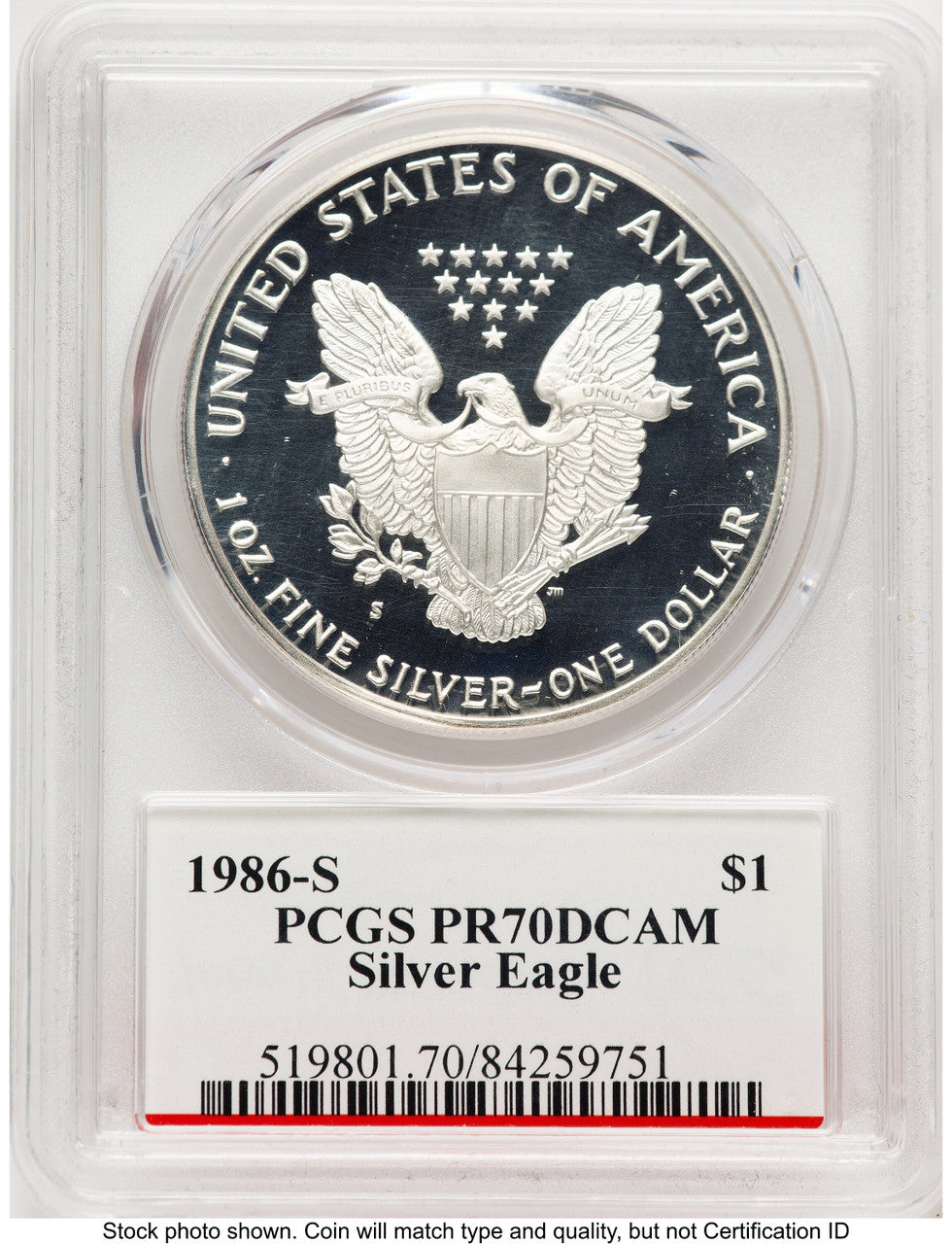 1986-S 1 oz Proof Silver Eagle PCGS PR70 Mercanti