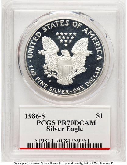 1986-S 1 oz Proof Silver Eagle PCGS PR70 Mercanti