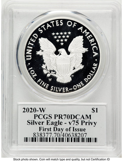 2020-W Proof Silver Eagle V75 Privy 1 oz FDI Ronald Sanders PCGS PR70