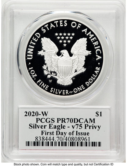 2020-W Proof Silver Eagle V75 Privy 1 oz FDI Jim Peed PCGS PR70