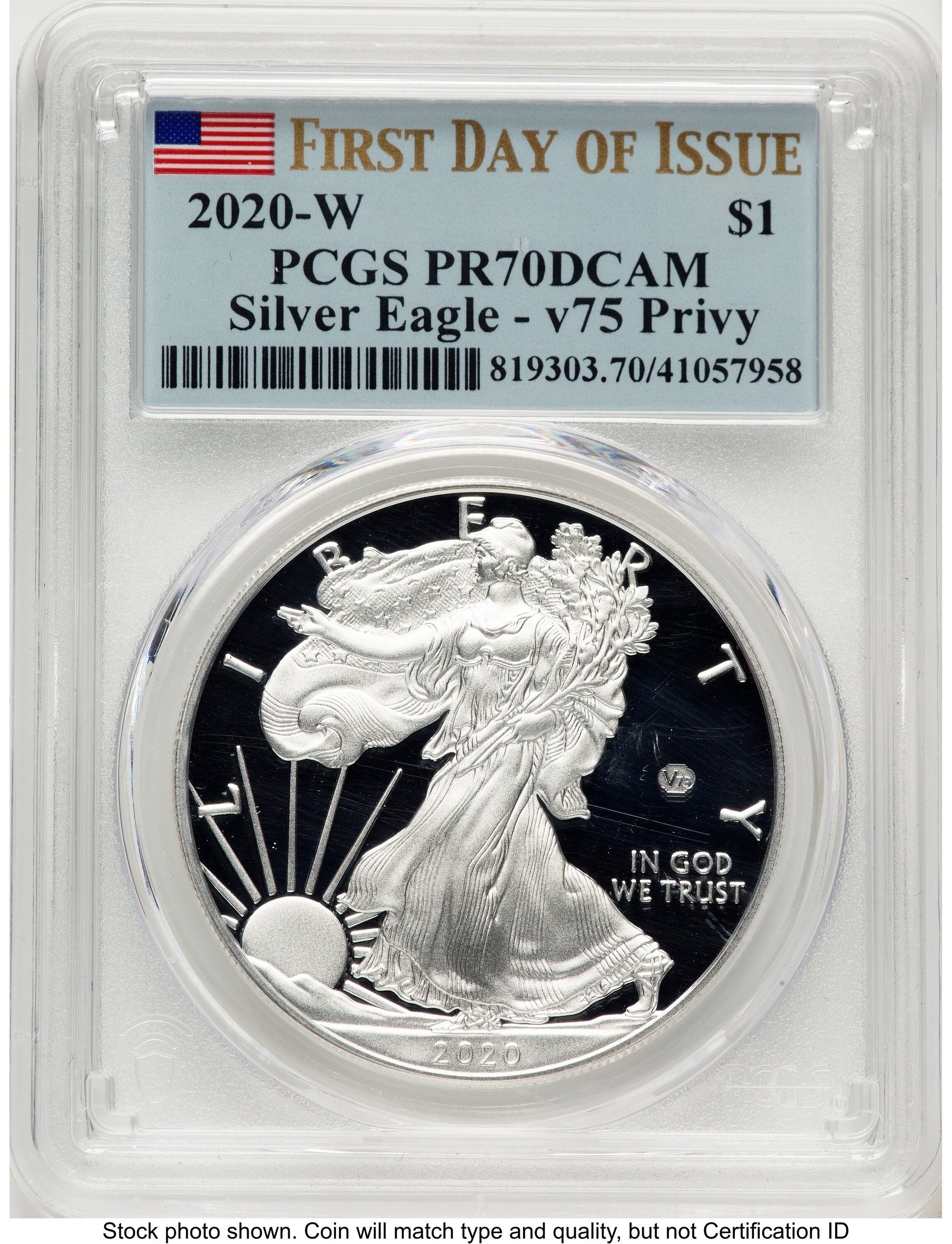 2020-W Proof Silver Eagle V75 Privy 1 oz FDI Flag PCGS PR70