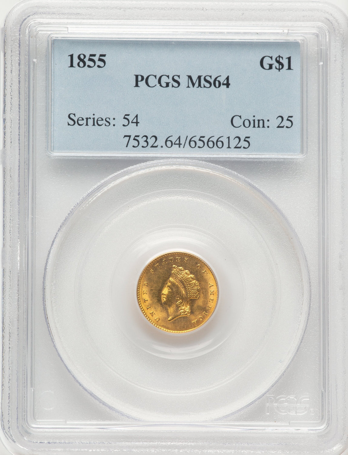 1855 G$1 Type Two Gold Dollar PCGS MS64