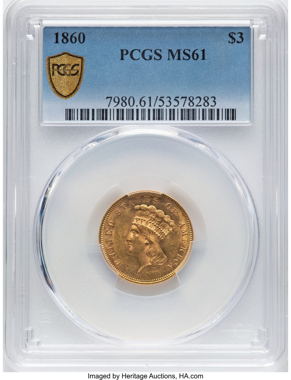 1860 $3 CAC Three Dollar Gold Pieces PCGS MS61
