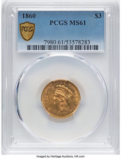 1860 $3 CAC Three Dollar Gold Pieces PCGS MS61