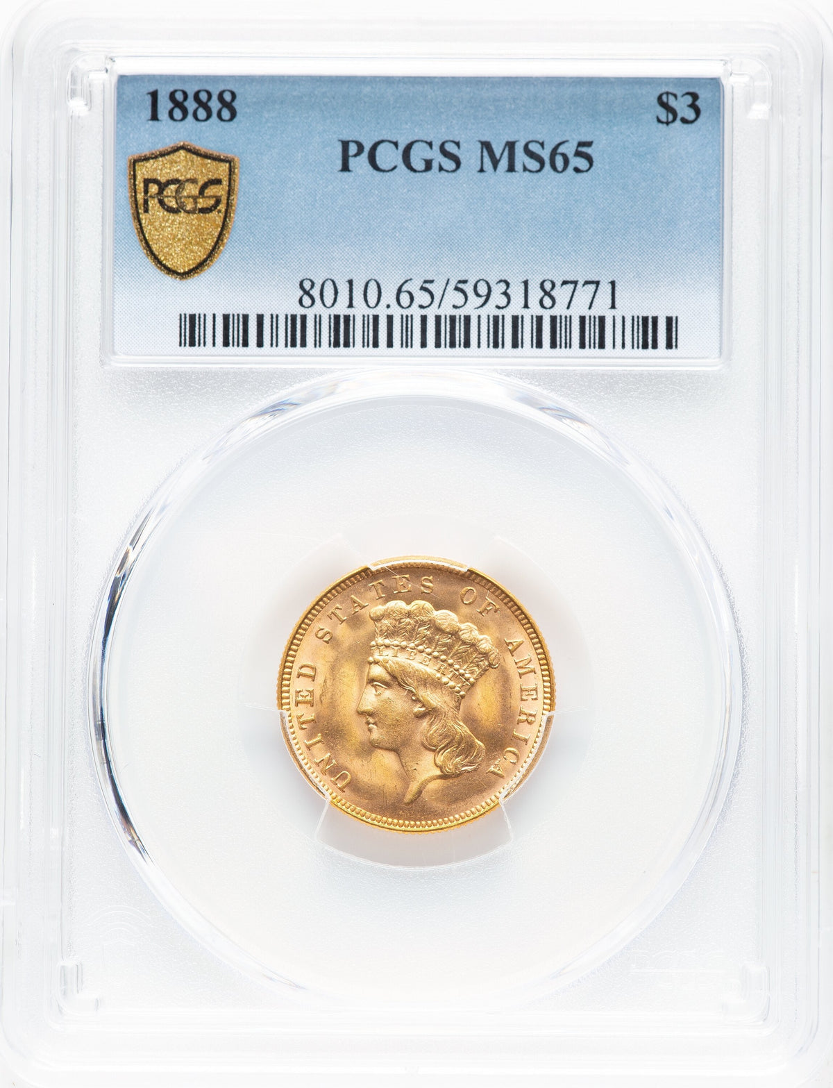 1888 $3 Three Dollar Gold Pieces PCGS MS65