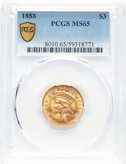 1888 $3 Three Dollar Gold Pieces PCGS MS65
